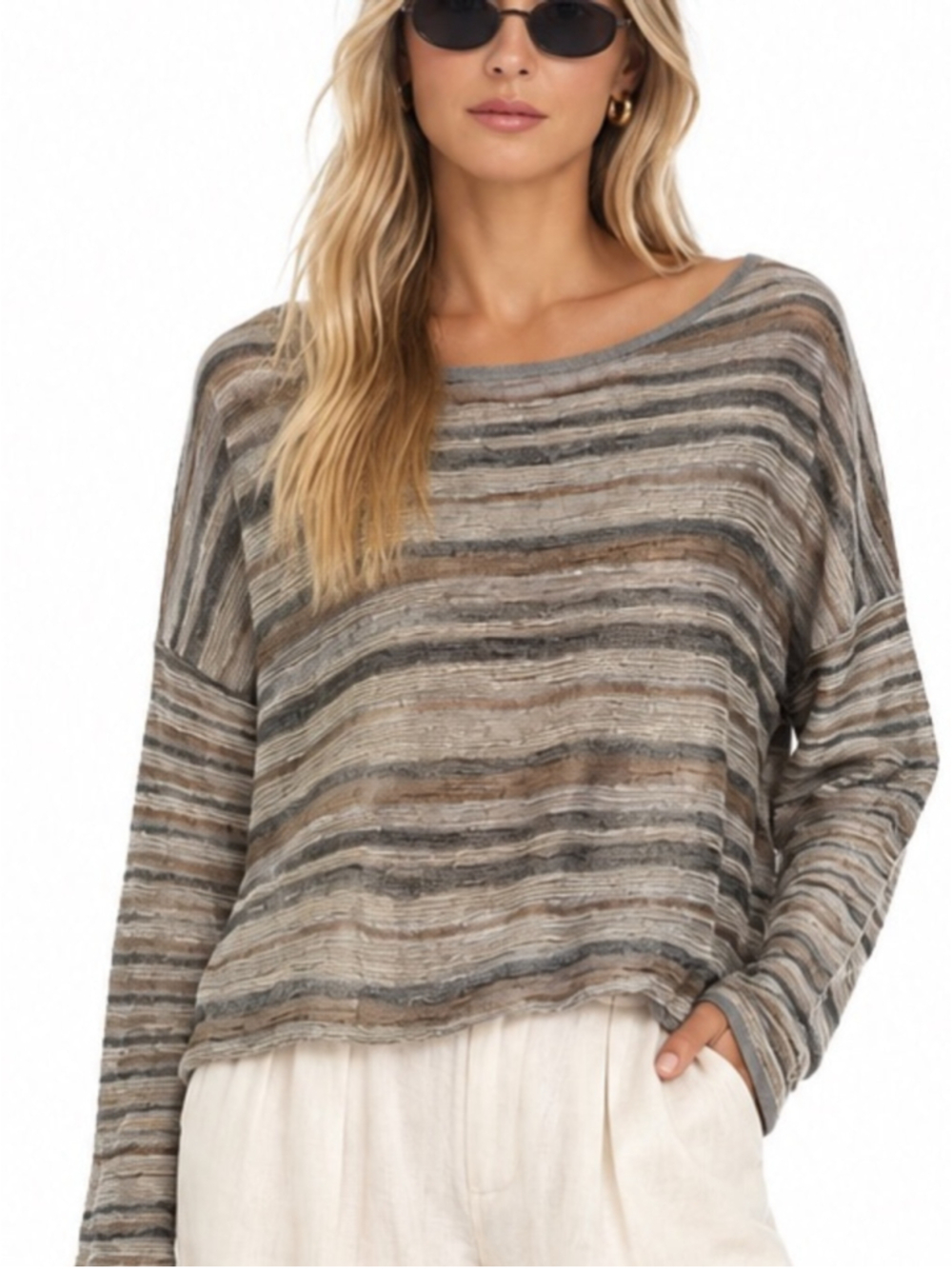 Sarah Pacini Linen Blend Striped Oversized Lightweight Sweater One Size Made in